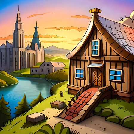 Cartoon landscape with old wooden house on the bank of the river. created with the help of artificial intelligenceの素材