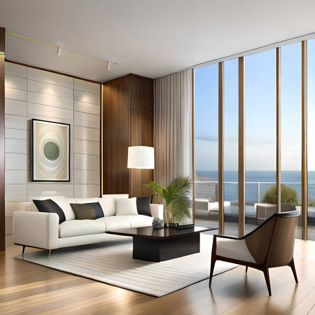 Interior of modern living room with sea view. 3D rendering. created with the help of artificial intelligenceの素材
