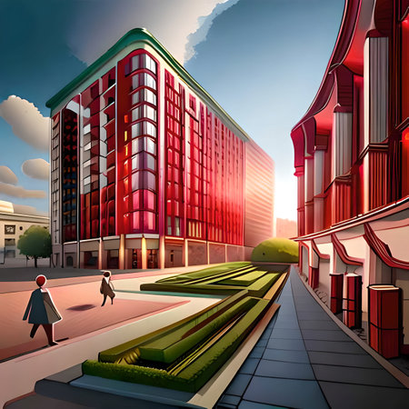 City street at sunset with buildings and people. 3d rendering. created with the help of artificial intelligenceの素材