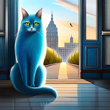 Blue cat sitting on the porch of the house. vector illustration. created with the help of artificial intelligenceの素材