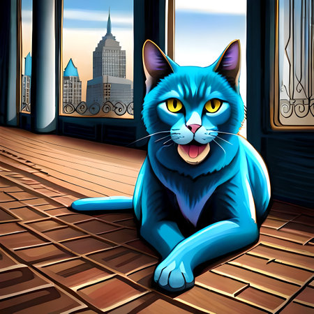 Blue cat on the porch of the house in the city. vector illustration. created with the help of artificial intelligenceの素材