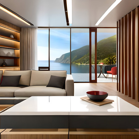 Interior of modern living room with sea view. 3D rendering. created with the help of artificial intelligenceの素材