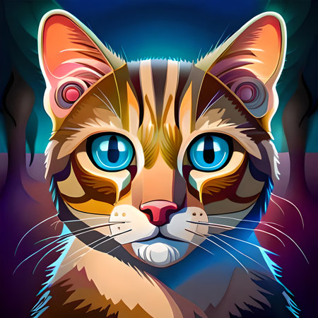Vector illustration of a cat with blue eyes in the forest on a dark background. created with the help of artificial intelligenceの素材