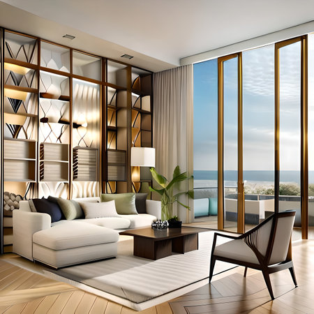 Luxury living room with a view on the sea. 3d rendering. created with the help of artificial intelligenceの素材