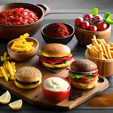 fast food. Hamburger, cheeseburger, french fries, tomato sauce on wooden background. created with the help of artificial intelligenceの素材