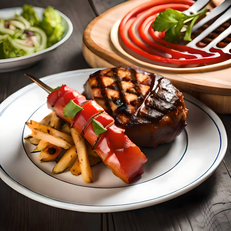 Grilled tuna steak with french fries and vegetables on a wooden table. created with the help of artificial intelligenceの素材