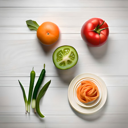 Tomato, cucumber, onion and pepper on white wooden background. created with the help of artificial intelligenceの素材
