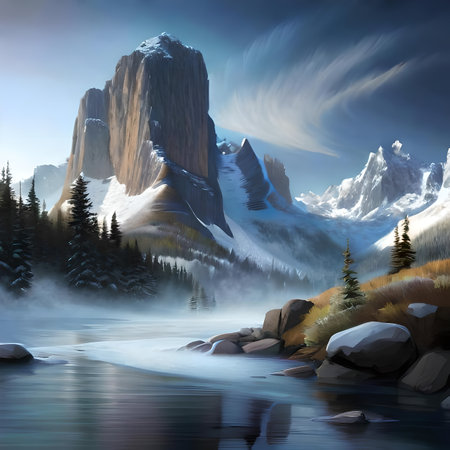 Fantasy landscape with a mountain lake and snow-capped peaks created by artificial intelligenceの素材