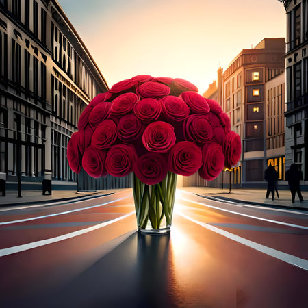 Bouquet of red roses in a vase on the street created by artificial intelligenceの素材