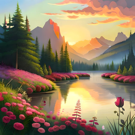 Beautiful landscape with lake, mountains and flowers. vector illustration. created by artificial intelligenceの素材