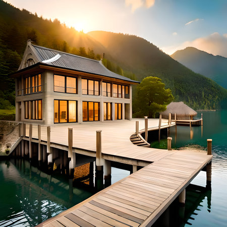3D rendering of a modern house on a lake in mountains at sunset created by artificial intelligenceの素材