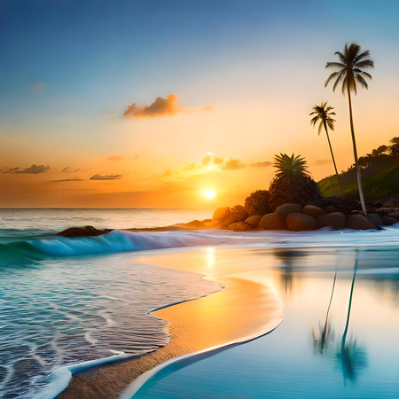 Tropical beach with palm trees at sunset, Seychelles created by artificial intelligenceの素材
