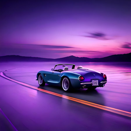 Retro car on the road at sunset. 3D rendering. created by artificial intelligenceの素材