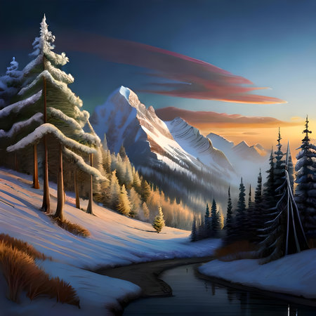 Fantastic winter landscape with mountain lake and coniferous forest created by artificial intelligenceの素材