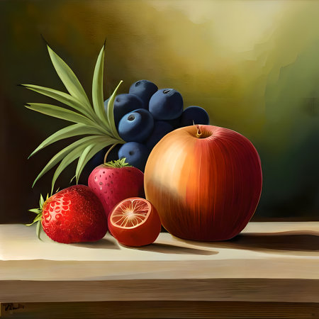 Fruits on a wooden table. vector illustration for your design. created by artificial intelligenceの素材
