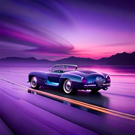 Retro car on the road at sunset, 3d digitally rendered illustration with the help of artificial intelligenceの素材