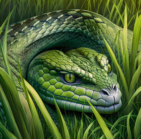 Green snake in the grass. 3D rendering. computer digital drawing. with the help of artificial intelligenceの素材