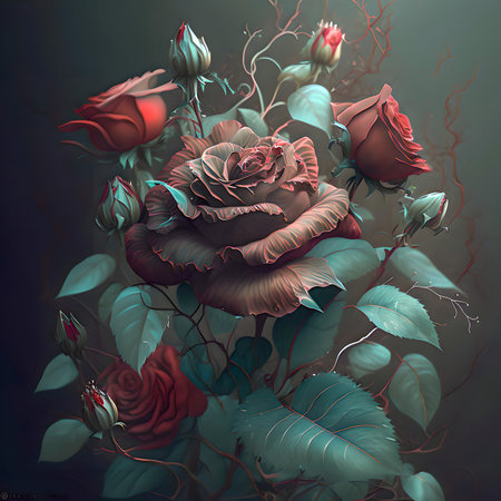 Bouquet of red roses with green leaves on a dark background. with the help of artificial intelligenceの素材