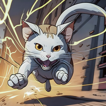 Illustration of a cat running on a city street in the evening with the help of artificial intelligenceの素材