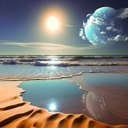 beautiful sunset over the sea and sand dunes. fantasy landscape with the help of artificial intelligenceの素材