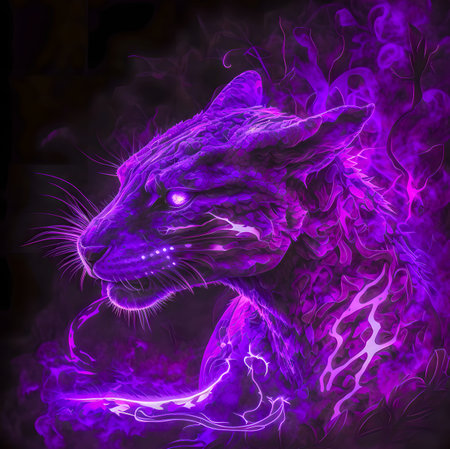 Illustration of a panther head with neon lights in a purple background with the help of artificial intelligenceの素材