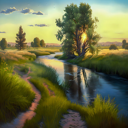 Summer landscape with a river and a tree at sunset. 3d render with the help of artificial intelligenceの素材