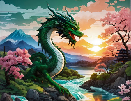 Dragon on the mountain with cherry blossom in the background, illustration created with the help of artificial intelligence technologiesの素材
