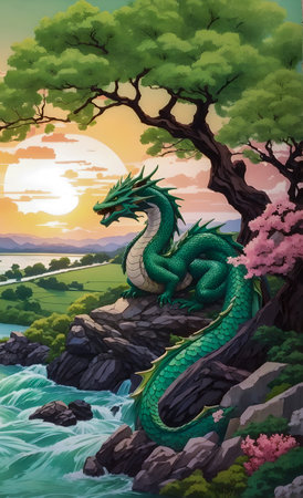 Dragon on the cliff in the sea and sunset. digital painting. created with the help of artificial intelligence technologiesの素材