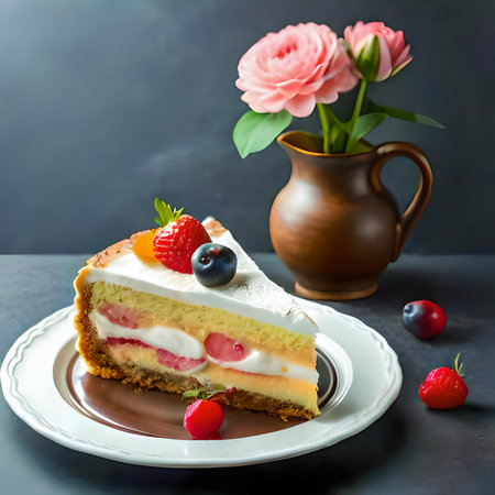 Piece of cake with cream and fresh berries on a dark background created with the help of artificial intelligence technologiesの素材