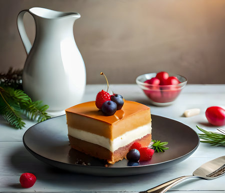 Piece of cake with berries and milk on a white wooden table. created with the help of artificial intelligence technologiesの素材