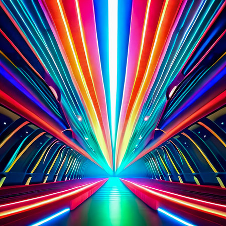Futuristic corridor with colorful lights. 3d rendering. Computer digital drawing. created with the help of artificial intelligence technologiesの素材