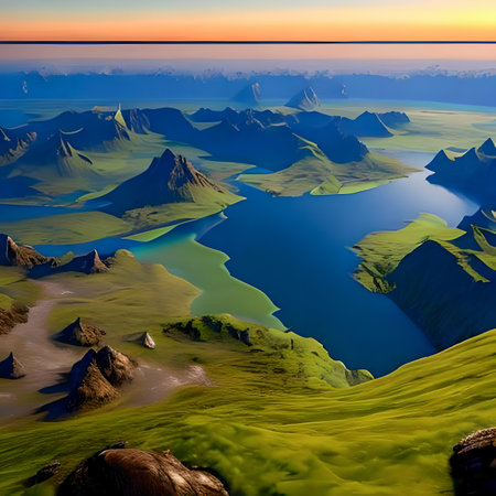 Fantasy alien planet. Mountain and lake. Artistic style. created with the help of artificial intelligence technologiesの素材