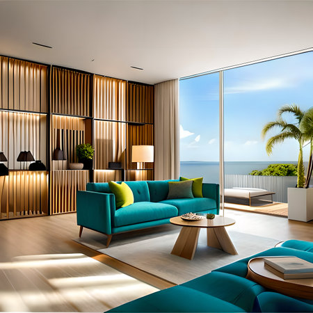 Interior of modern living room with sea view. 3D rendering created with the help of artificial intelligence technologiesの素材