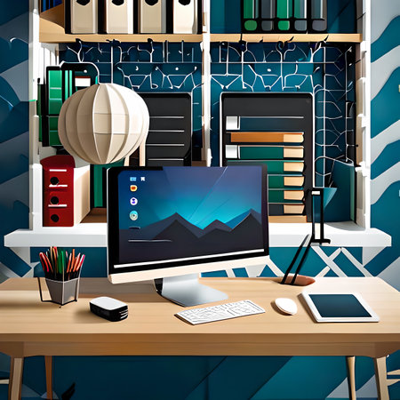 Office workplace with computer, tablet and other objects. Vector illustration. created with the help of artificial intelligence technologiesの素材