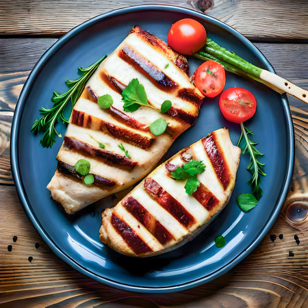 Grilled aubergine with tomato and herbs on a wooden background created with the help of artificial intelligence technologiesの素材