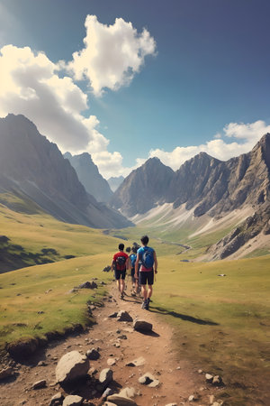 Trekking in the highlands of Kyrgyzstan. created with the help of artificial intelligence technologiesの素材