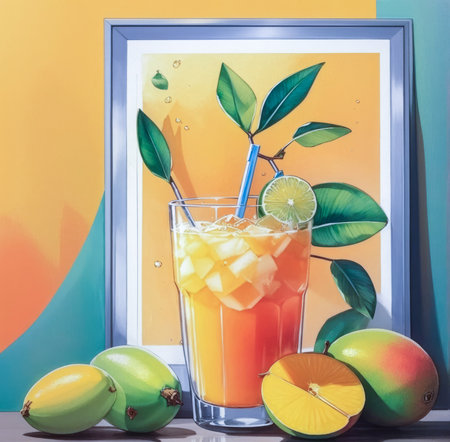 Fruit cocktail with mango, lime and ice in a glass on a colorful background created with the help of artificial intelligence technologiesの素材