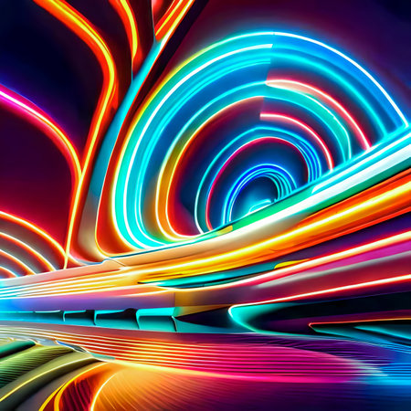 3d illustration of abstract geometric background with glowing neon lines and waves created with the help of artificial intelligence technologiesの素材
