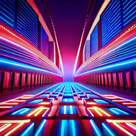 3d render of a futuristic corridor with neon lights and reflections. created with the help of artificial intelligence technologiesの素材