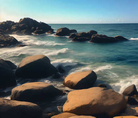 Beautiful seascape with rocks and waves. Nature composition. created with the help of artificial intelligence technologiesの素材