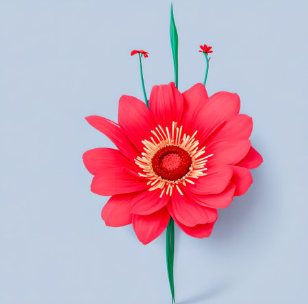 Red gerbera flower isolated on blue background. Flat lay, top view created with the help of artificial intelligence technologiesの素材