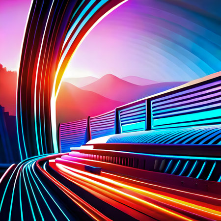 Illustration of a road tunnel with light trails and mountains in the background created with the help of artificial intelligence technologiesの素材