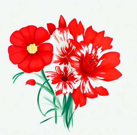 Red and white poppies on a white background. illustration created with the help of artificial intelligence technologiesの素材