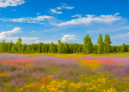 Beautiful spring landscape with colorful flowers and blue sky. Digital painting created with the help of artificial intelligence technologiesの素材