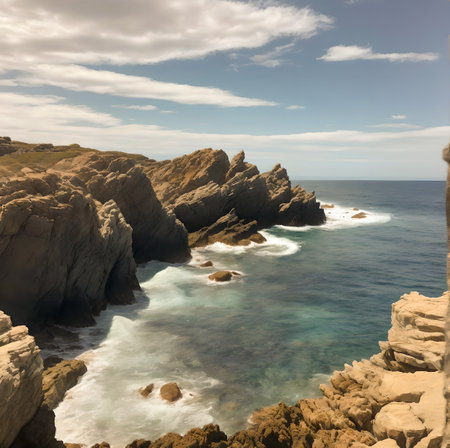 Beautiful seascape with rocks and blue sea in Portugal. created with the help of artificial intelligence technologiesの素材