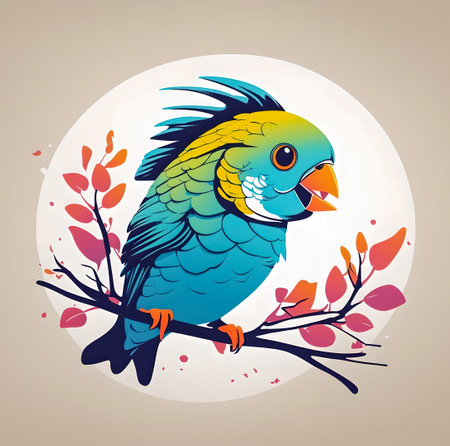 Cute parrot on the branch with leaves. Vector illustration. created with the help of artificial intelligence technologiesの素材
