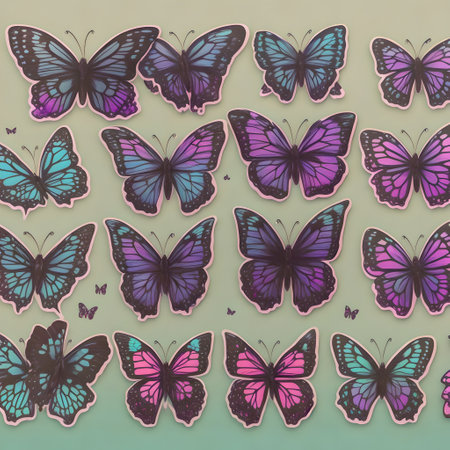 Butterflies of different colors on a green background. Vector illustration. created with the help of artificial intelligence technologiesの素材