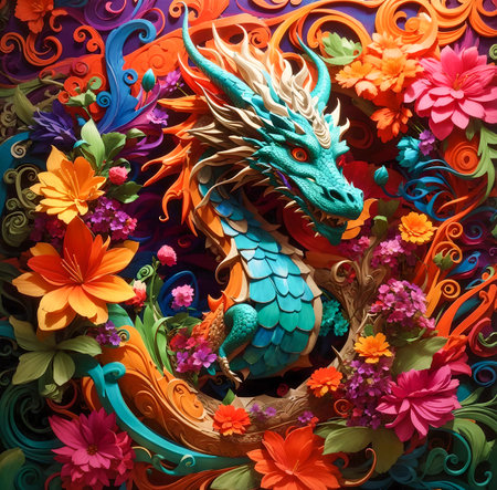 Colorful fantasy dragon and flowers background. Colorful fantasy dragon. created with the help of artificial intelligence technologiesの素材