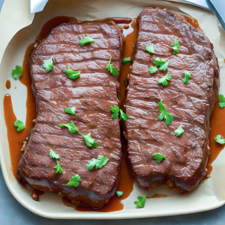 beef steaks with sauce and coriander on a plate created with the help of artificial intelligence technologiesの素材