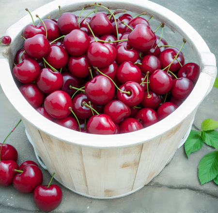 Cherries in a wooden bucket on a marble background. Selective focus. created with the help of artificial intelligence technologiesの素材